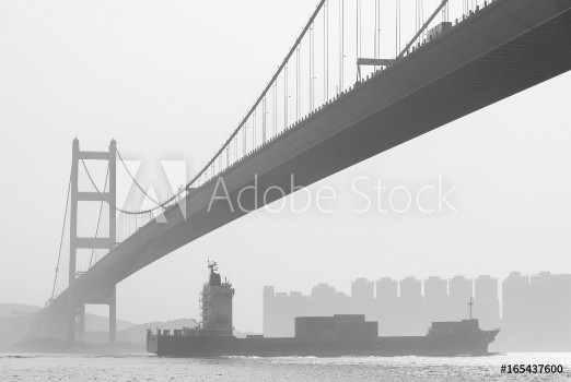 Bild på Cargo ship and Tsing Ma Bridge in Hong Kong